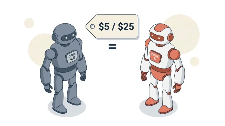 Flat vector illustration of two abstract robots labeled Opus 4.8 and Opus 5 standing side by side under a shared price tag showing identical API pricing.
