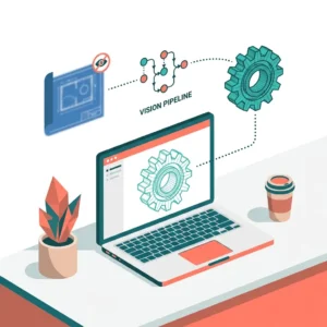 Isometric illustration of a laptop reconstructing a 3D gear model through a self-built vision pipeline after the original blueprint was inaccessible.