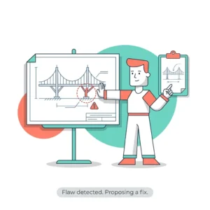 Vector illustration of an abstract character flagging a missing support beam on a bridge blueprint while presenting a corrected design.