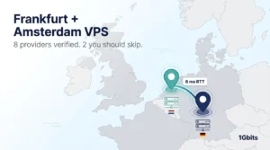 Map of Europe showing Frankfurt and Amsterdam data center locations connected by a 6 ms latency line, with eight verified VPS providers referenced.