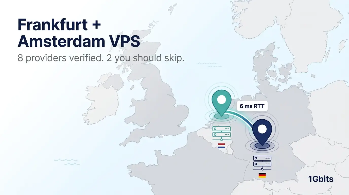 Map of Europe showing Frankfurt and Amsterdam data center locations connected by a 6 ms latency line, with eight verified VPS providers referenced.